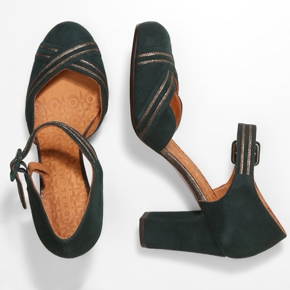 Chie Mihara Green Suede Metallic Trim Mary Jane Heels – Size 36 New - Picture 2 of 8